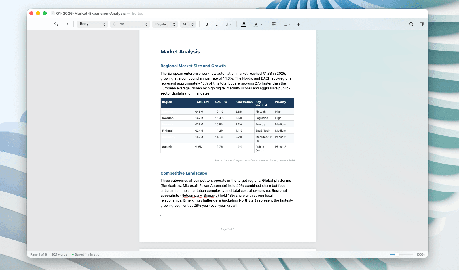 Market Analysis document open in Verso with clean minimal interface