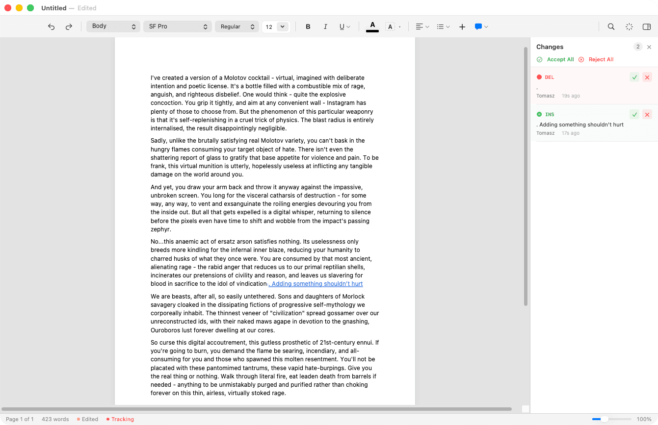 Verso in light mode, with the Changes panel open beside the page listing a deletion and an insertion, each with its author and time.