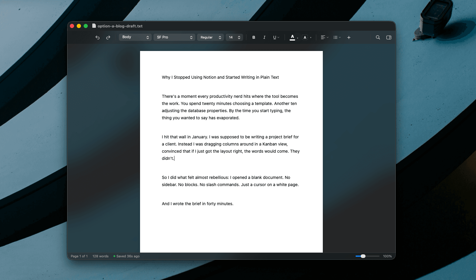 Verso word processor in dark mode